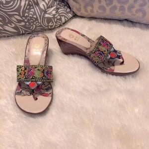 Jing Hua Multi Colored Satin Wedge Slide Sandals Sz 5
